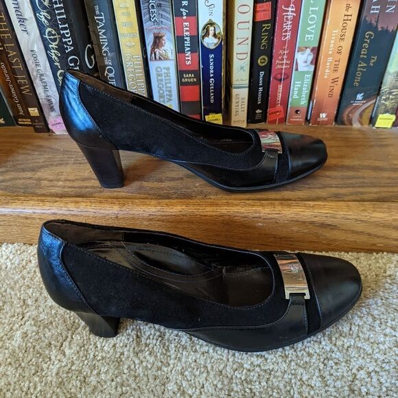 michael toschi black suede and patent leather chunky heel shoes sz 39 euc - Picture 4 of 7